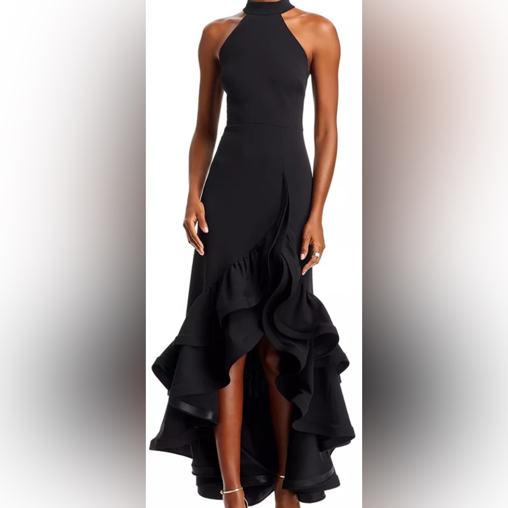 Aqua Elegant Black Ruffle Maxi Dress
